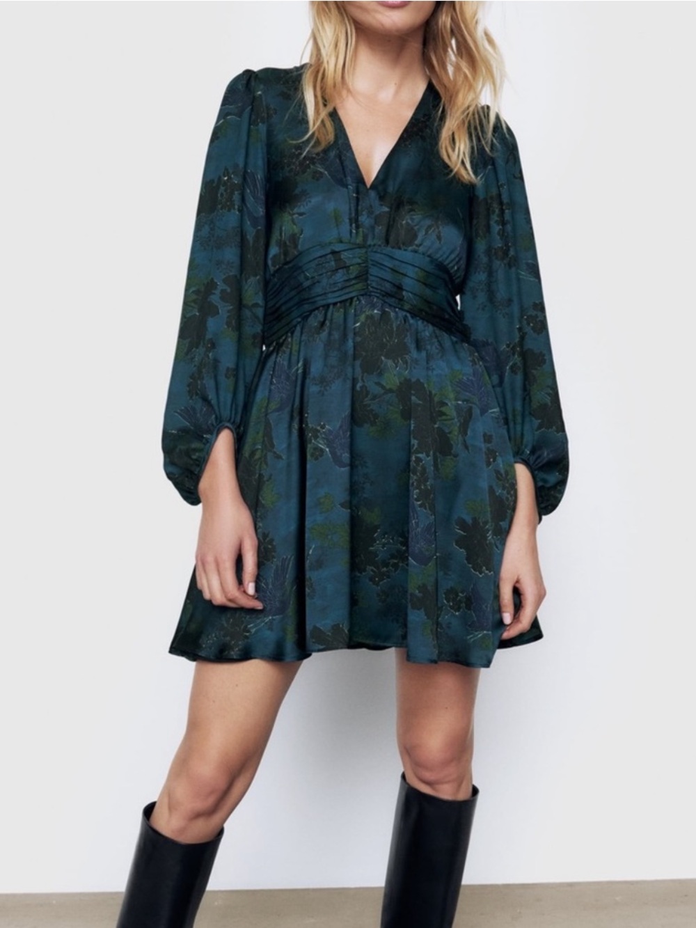 ZARA Teal-Green Floral V‑Neck Mini Dress